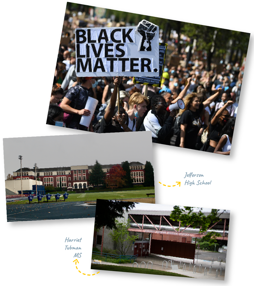 Students protesting with BLM sign. Jefferson HS exterior. Tubman MS exterior.